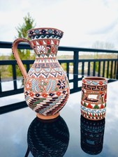 Greek Terracotta Pitcher Jug with Cup Beautiful Mosaic Type Design