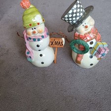 2x Snowman Ceramic Figures Handpainted Christmas Ornaments