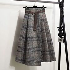 Lady Tartan Midi A-line Skirt Check Plaid Irregular Faux Wool Winter Warm Skirt