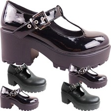 Womens Ladies Mid Block Heel Chunky T-Bar Buckle Platform School Work Shoes Size