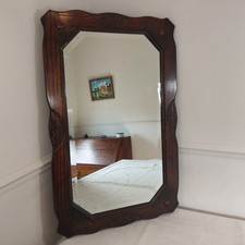 Wall Mirror Carved Oak Framed Bevelled Vintage Arts and Crafts 1920s 1930s 81cm