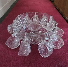 Vintage Heavy Glass Punch Bowl Set 12 Cups/Ladle/Hooks Party/Wedding/Cocktail