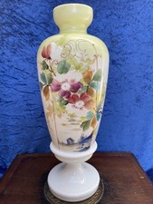 Antique Victorian Large 34 cm Opaline Glass, Hand Painted 'Rustic Floral' Vase