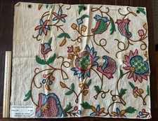 Vintage Hand Made Crewel Floral Wool On Cotton Embroidery Fabric Sample 22x26”