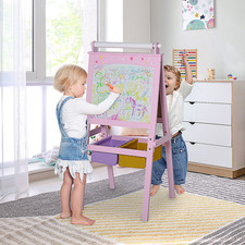 Pink Kid's Wooden Art Easel with Paper Roll, Chalkboard & Whiteboard