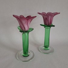 Vintage Blown Glass Standing Pink Tulip Candlesticks x 2 - Good Condition