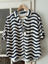 Marimekko Uniqlo Womens Navy Linen Blend Short-Sleeve Shirt L Wavy Stripe NWT