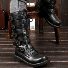 Gothic Mens Punk Rock Biker Knee High Army Combat Buckle Boots Military Shoes BJ