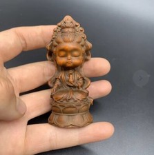 Vintage Japanese Netsuke Old Boxwood Carved  Buddha Guanyin Statue Ornament