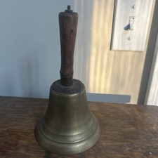Antique Solid Brass Wooden Handle Collectable Hand Bell School Teacher Desk Bell