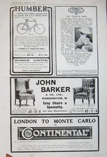 Old Antique Print 1907 Advert Humber Cycle John Barker Chairs Car Tyres 20th