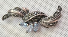 Vintage Silver And Marcasites Brooch With 3 Rhinestones Marked 925 Not Tested