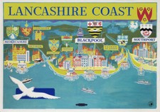 Vintage RAILWAY Poster Lancashire Map Blackpool Southport Morecambe Train Advert