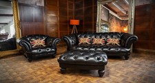 TETRAD OSKAR ANTIQUE BLACK LEATHER CHESTERFIELD GRAND SOFA CLUB CHAIR & STOOL