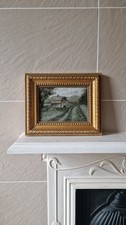Beautiful Vintage Framed Folk Art Painting Print - Rustic Farmhouse Landscape