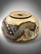 A Large Japanese Satsuma Bowl -Dragon and 100 Rakan. Signed .Meiji Era