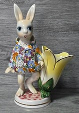 Vintage Rare Italian Porcelain Glossy Figurine,White Rabbit With Vase And Clock 