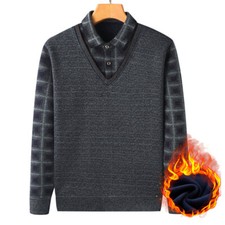 V-Neck Mock Shirt Mens Pullover Plaid Jumper 2 in 1 Knitwear Mockneck Sweater