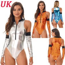 UK Womens Metallic Bodysuits Silver Astronaut Costume Space Cadet Cosplay