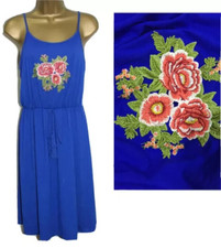 Bright Blue Embroidered Dress 10 Holiday Summer Floral Strappy Light Flower Cute