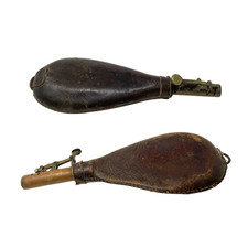Antique Leather Powder Shot Flask x2 Brass Victorian Pouch Brown