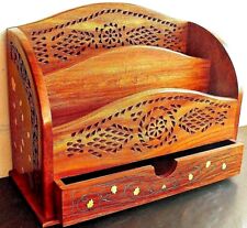 Two tier large carved wooden letter rack with drawer and brass inlaid detail