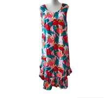 Vintage Kapaia Stitchery M Pink Red Aloha Tropical Floral Ruffle Hem Shift Dress