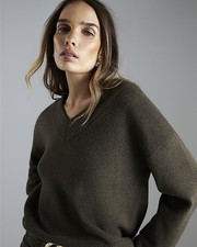 River Island Womens Jumper Green Knitted V-Neck Long Sleeve Sweater Pullover Top