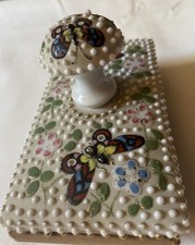 Ornate Antique Desk Ink Rocker Blotter PORCELAIN BUTTERFLY & FLORAL DESIGN 