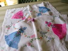 VINTAGE HAND EMBROIDERED TABLECLOTH- BEAUTIFUL CRINOLINE LADIES