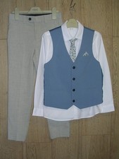 Next Boys Beige Trousers Blue Waistcoat Shirt Floral Tie Wedding Suit Age 9 134c