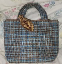 Beautifully Handmade, Green/Blue With Brown Satin Trim,Small Tweed Bag.