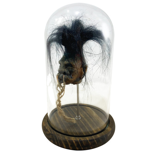 Shrunken head with - hair, bell