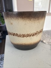 Vintage 70s West German Ceramic Plant Pot Glazed Brown Cream 19cm Diameter