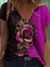 PLUS SIZE 20 26 DARK PINK PURPLE ROSE FLORAL TOP BLOUSE T SHIRT STRETCH CURVE