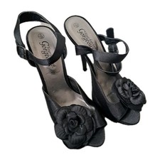Women's New Look Black Heels With Rose Detail Shoe Size UK 5 EU 38 Peep Toes 