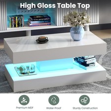 High Gloss LED Coffee Table Modern White Marble 2 Tiers Rectangle Tea Table 