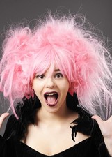 Womens Halloween Deluxe Big Baby Pink Backcombed Fancy Dress Zombie Bride Wig