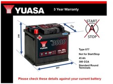 Battery fits WOLSELEY HORNET 1.0 61 to 70 Yuasa 077 380A 45Ah 3Yr Warranty New