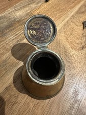 Vintage brass inkwell with guilloche enamel lid – 1930s/50s desk inkwell pot