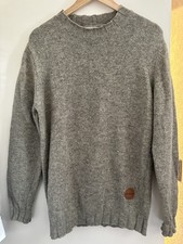 Barbour Stockman Crew Shetland Wool Jumper Cream Sweater Size Small Elbow Pads