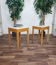 Pair Of Vintage Mid-Century Bespoke Oak Bedside Tables With White & Gold Quartz