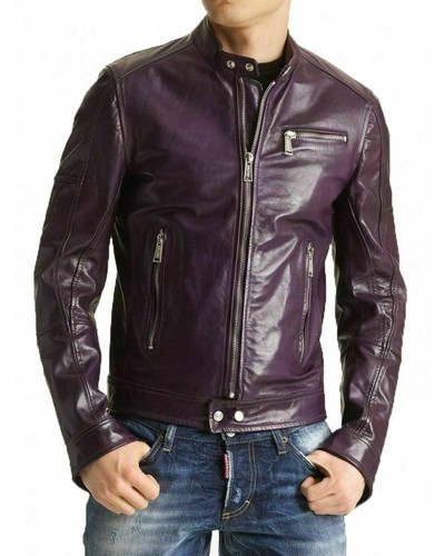 Men purple leather - men's, jacket