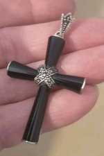 Large Antique Design Vintage  Sterling Silver Onyx & Marcasite Crucifix Pendant