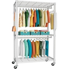 Heavy Duty Double Clothes Rail Rack Garment Hanging Stand Open Wardrobe Shelf UK