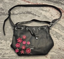 Guess Womens Top Handle Bag Black Red Leather Flowers 