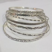 Solid 925 Sterling Silver 7 Set Designer Stackable Boho engraved Bangles SD04