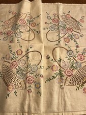 Vintage Hand Embroidered Tablecloth Flower Baskets 43” Ladder Stitch Hem Old