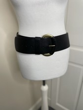 M&S  Black  Real Leather Belt Wide Size Medium  VGC Large Brass Buckle
