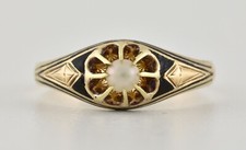 Antique Early Victorian 18ct Gold Half Pearl & Enamel Mourning Ring, c1845
